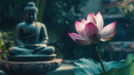 Serene Lotus and Buddha Statue: A Peaceful Garden Scene