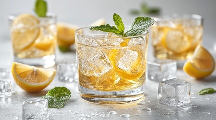 Fototapeta premium Refreshing cocktails with lemon and mint on a light surface