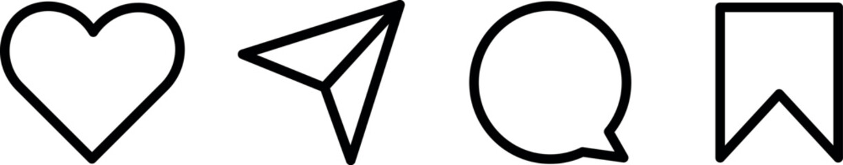 Social media UI icon set: Instagram, TikTok. Includes like, comment, share, save, message icons. Minimalistic design for web and mobile apps.