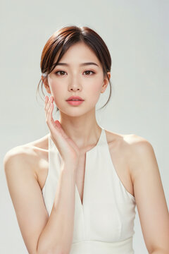 A woman with a white dress and a white shirt is posing for a picture