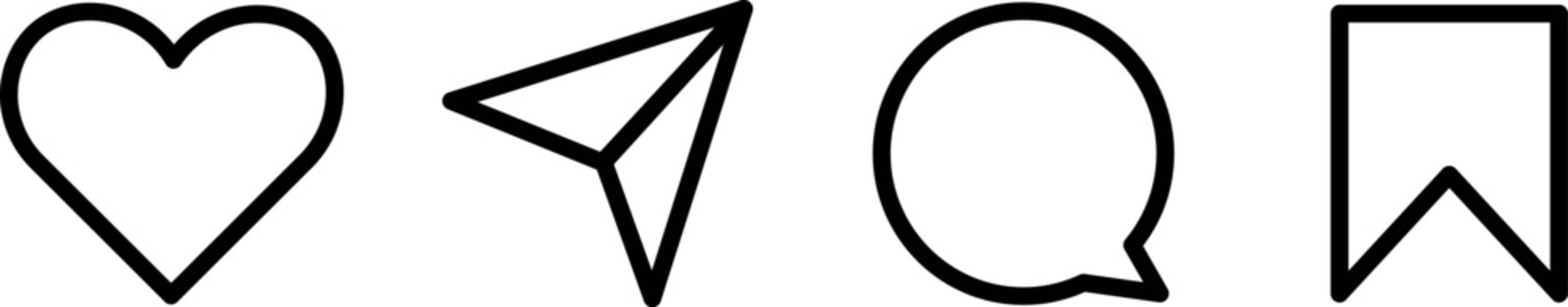 Social media UI icon set: Instagram, TikTok. Includes like, comment, share, save, message icons. Minimalistic design for web and mobile apps.