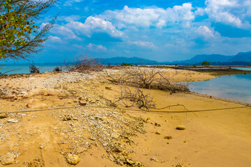 Pakarang Cape tropical beach sea shore with corals shells Thailand.