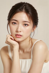 A woman with a white tank top and a ponytail