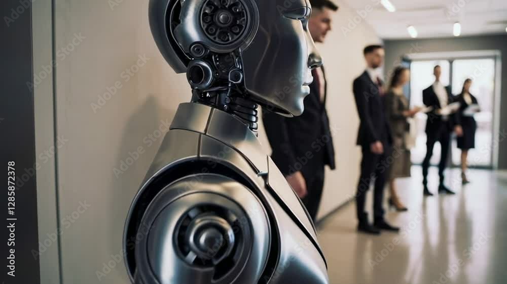 Poster futuristic robot standing in line with business people, patiently waiting for a job interview, showc