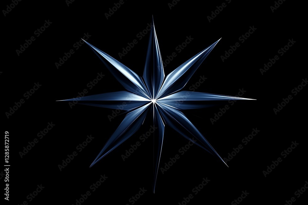 Poster abstract blue eight-pointed star on black background.