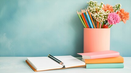 Fototapeta premium Homeschooling resources concept. Colorful stationery and flowers on a desk with a light blue background.