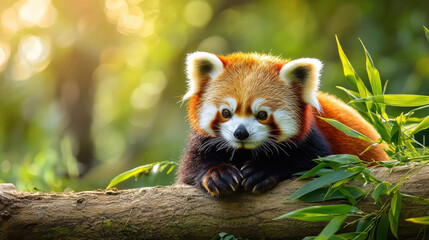 Obraz premium Charming red panda resting in bamboo forest, surrounded by soft light and greenery