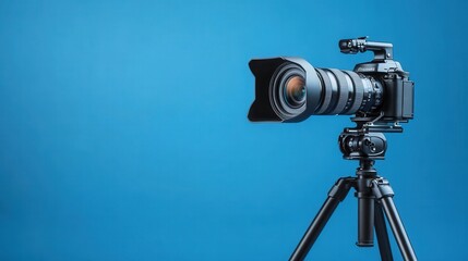 Professional camera on tripod with zoom lens set against vibrant blue background for photography enthusiasts