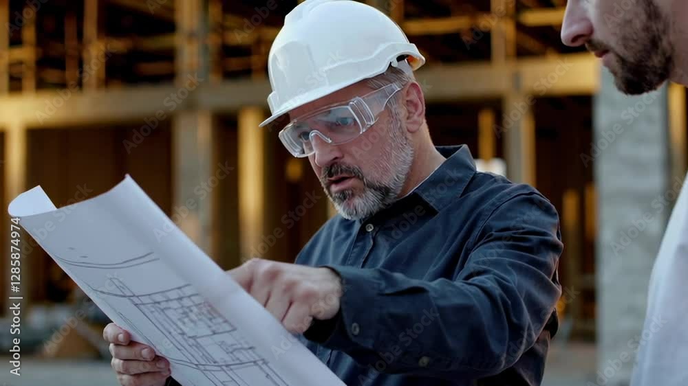 Poster Senior engineer wearing safety glasses and hardhat shows blueprints to a young architect on a construction site, captured in a slow motion multi frame sequence