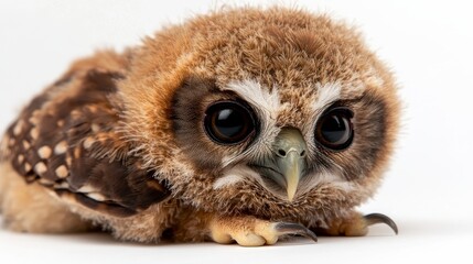 Fototapeta premium Polar owl perched gracefully on a pristine white background, showcasing intricate feather details and striking features, a stunning avian portrait.