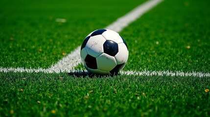 Fototapeta premium Soccer ball on the field near the sideline during a sunny day in a local park