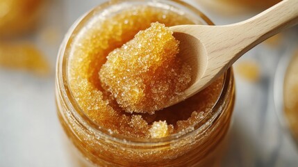 Close-Up of Natural Brown Sugar Scrub in Glass Jar with Wooden Spoon on Table