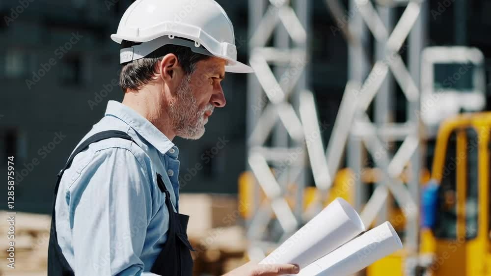 Poster construction engineer wearing a hardhat and work overalls carefully reviews blueprints on a bustling