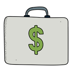 Hand drawn cartoon suitcase with money dollar on white background.
