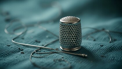 Silver thimble, needle, thread, sewing, tailoring, quilting, diy