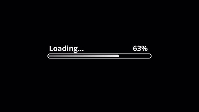 Loading progress bar animation from 0 to 100 percentage on black background video, 4k animated progress bar on transparent background