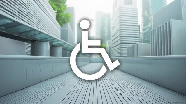 Architectural walkway highlighting wheelchair accessibility, demonstrating inclusive urban design principles promoting equal mobility and independence in contemporary city environments