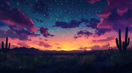 Fototapeta premium Desert Sunset Under a Starry Sky: A Breathtaking Night Landscape