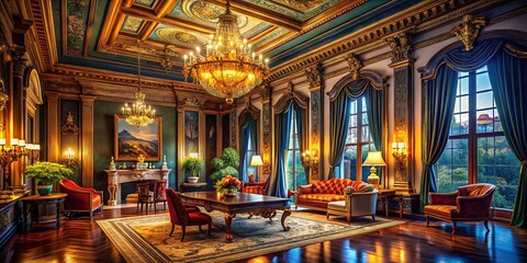 Obraz premium A classic, empty interior; low light, vast space, AI-generated.