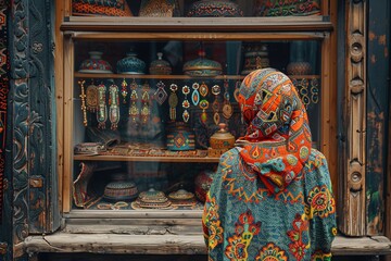 A woman wearing a vibrant scarf stands in front of a shop window filled with handcrafted jewelry and traditional artifacts. The warm colors and intricate designs catch her attention