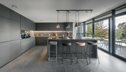 Gray kitchen interior with bar