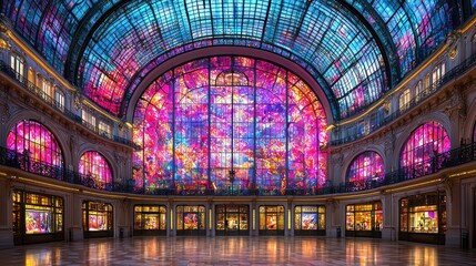 Obraz premium Illuminated Galleria with Vibrant Stained Glass Windows