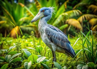 Fototapeta premium A prehistoric shoebill hunts in Uganda's Entebbe swamps.