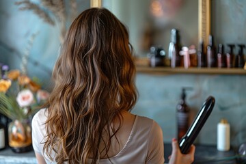 In a stylish bathroom, a woman with wavy hair prepares to style her locks using a straightening tool, surrounded by various beauty products on the countertop. Natural light enhances the aesthetic