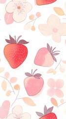 cute pink and white strawberry flowers illustration poster background