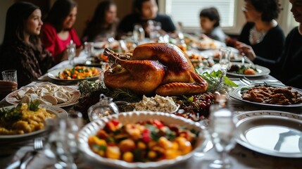 Naklejka premium Festive family Thanksgiving meal with roasted turkey and traditional dishes