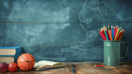 Colorful pencils in a jar beside books and sports balls on a classroom desk with a chalkboard