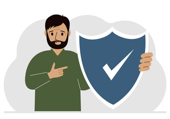 A man holds a shield in his hand, a symbol of insurance. Vector flat illustration