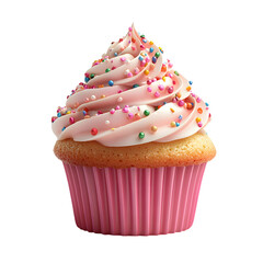 Fluffy 3D Cartoon Cupcake with Pink Frosting and Sprinkles Isolated on Transparent Background