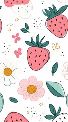 cute pink and white strawberry flowers illustration poster background