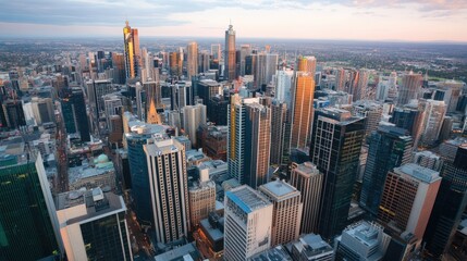 Obraz premium Urban sunset skyline view melbourne aerial photography cityscape panoramic modern architecture