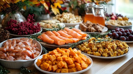 Obraz premium Festive Thanksgiving Potluck Spread with Smoked Salmon Sweet Potato and Maple Syrup