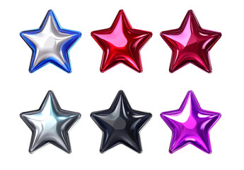 Colorful metallic star shapes on transparent background in various vibrant colors