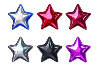 Colorful metallic star shapes on transparent background in various vibrant colors