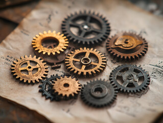 Gear and cogs wheels, clock mechanism, brass metal engine industrial