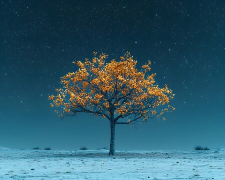 Lone Withering Tree Standing in Glowing Barren Desert Under Darkened Sky Minimalist Apocalyptic Concept - Powered by Adobe