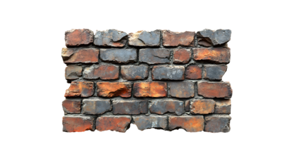 Damaged Red Brick Wall with Eroded Cement and Gritty Surface on transparent background
