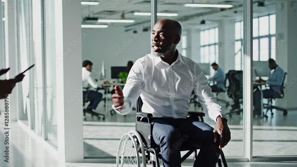 Poster professional wheelchair user manager collaborating with colleagues, demonstrating leadership and inc