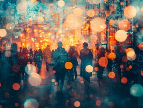 Colorful urban night scene with silhouettes of people walking amidst vibrant bokeh lights