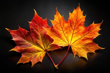 Close-up drone shot: fiery autumnal maple leaves.