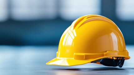 Bright Yellow Safety Helmet Placed on a Smooth Surface in an Industrial Workspace with Soft Focus Background