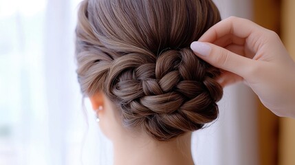 Naklejka premium Elegant braided hair tutorial for special occasions home video guide bright indoor environment close-up hairstyling techniques