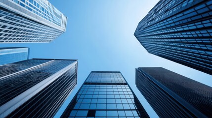 Skyscrapers Reaching for the Sky in Urban Landscape with Clear Blue Sky in Background