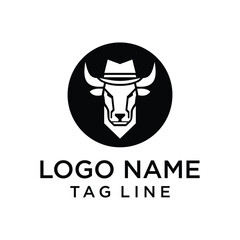 cow head wearing cowboy hat cartoon logo design for farm and retail professional business