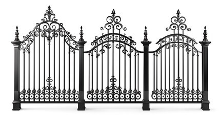 Vector black metal fence with swirls, vector illustration set isolated on a white background. Includes front view, side view, and top view, with no shadow under the objects.