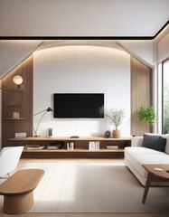White and wooden home office, tv